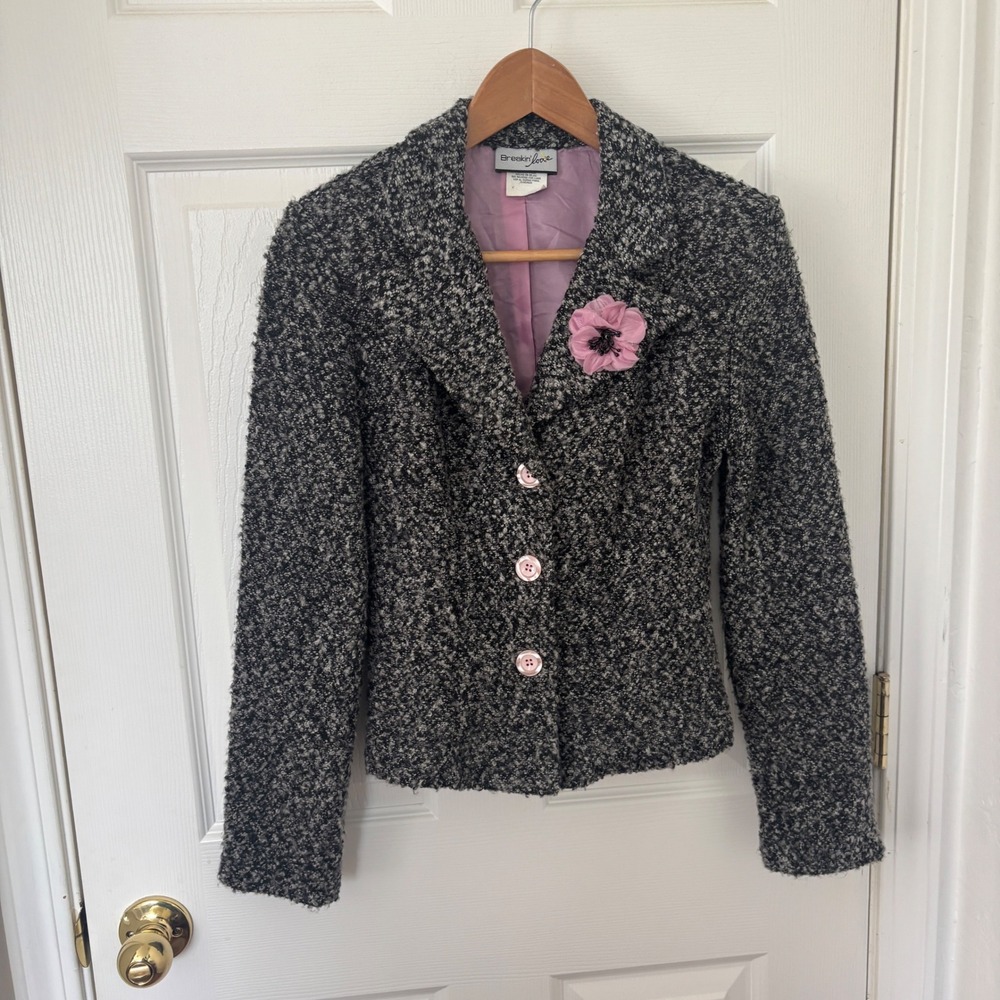 Breakin' Loose Vintage Boucle Blazer Jacket Black‎ White Pink Floral Rosette 3/4